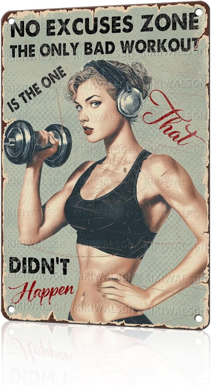 Vintage No Excuses Zone Metal Sign Retro Girl Lifting Dumbbells Fitness Tin Sign Nostalgic Art for Home Gym Personal Studio Wall Decor Living Room Garage Cafe Bar 12 * 8 In