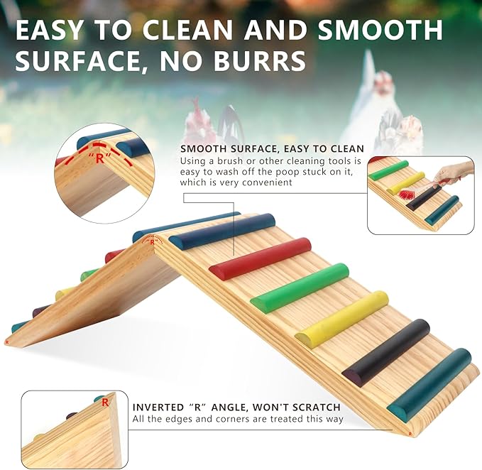 Rainbow Chicken Perch and Ramp Trainer, 2 in 1 Sturdy Wooden Chicken Roosting Bar, Baby Chick Toys for Brooder, Chicken Coop Accessories, for Small Animal, No Assemble