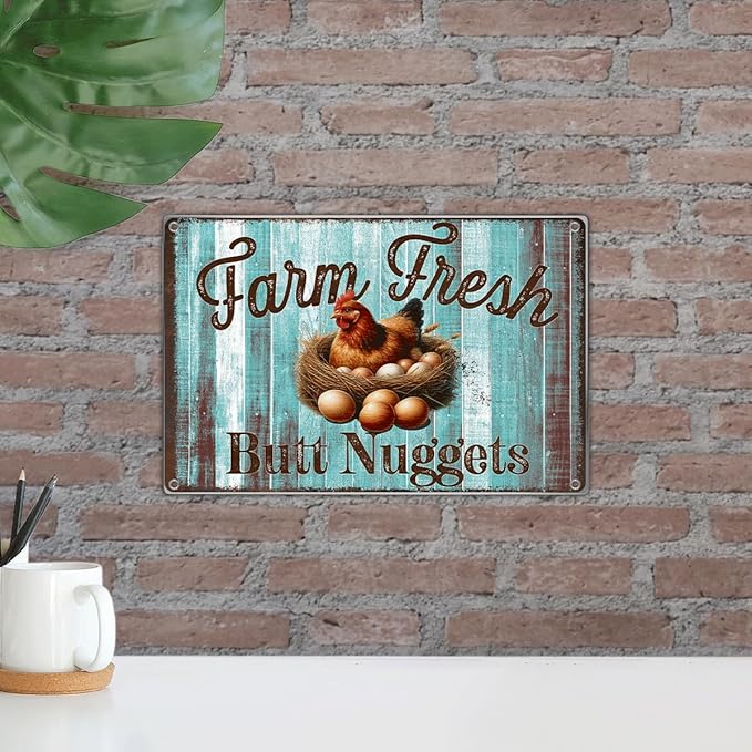 Farm Fresh Butt Nuggets Metal Sign Rustic Chicken Coop Decor Farmhouse Kitchen Wall Decoration For Home Vintage Style 12 x 8 Inch Art Metal