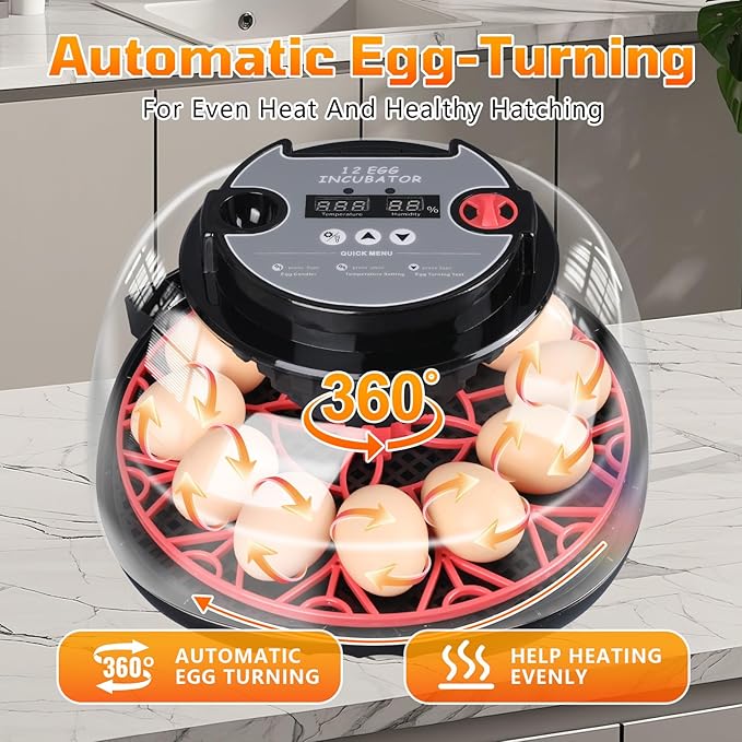 12-Egg Incubator, Automatic Egg Turning Function, Humidity Control, External Water Bottle for Watering, 360° Observation, Suitable for Chickens, Ducks, Geese, and Quails