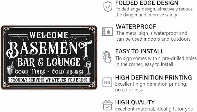 Generic Welcome Basement Bar and Lounge Metal Sign Lounge Accessories Decor Vintage Metal Tin Signs Farmhouse Patio Porch Home Wall Decorations 8x12 Inch
