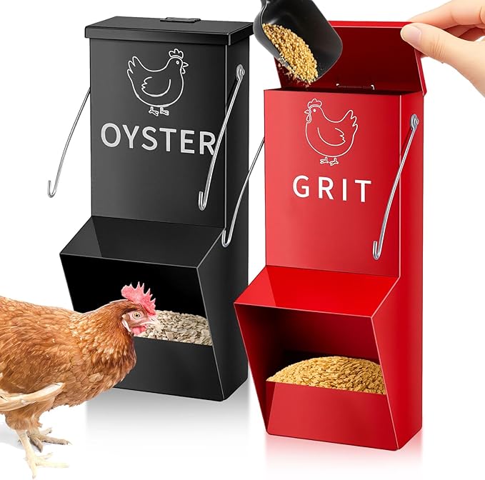 Leinuosen 2 Pack Metal Chicken Oyster Shell and Grit Feeder with Lid and Hook Hanging Mountable Chicken Feeder Trough Automatic Gravity Poultry Coop Accessories Water Dispenser for Chicks, Ducks, Hens