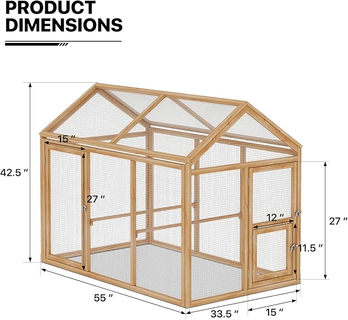 MoNiBloom Outdoor Chicken Coop Large Hen House Poultry Cage with Roosting Rods, Farmhouse Backyard Wood Rabbit Hutch Small Pets Playpens Spire Shaped Coops Triple Access/Feeding Doors 55 x 33.5 x 42.5