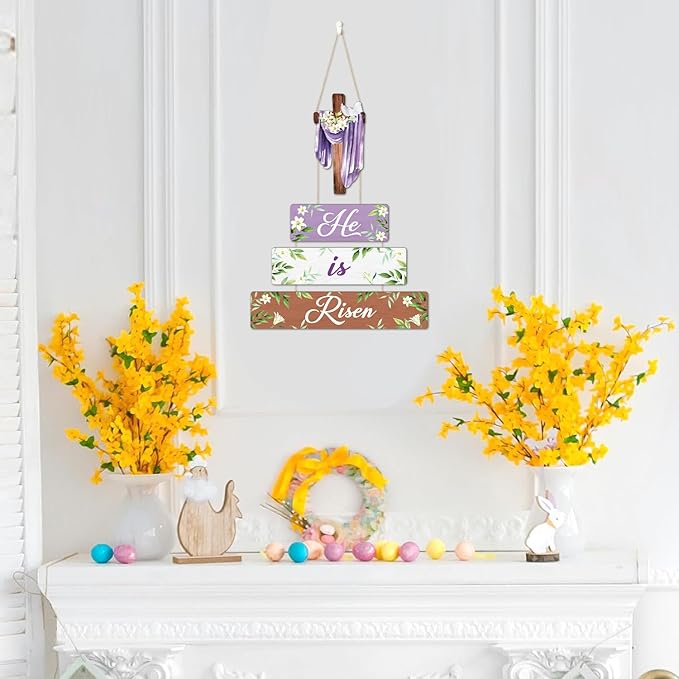 CHDITB Easter He is Risen Wooden Sign, Religious Cross Wooden Hanging Plaque, Spring Door Hanger, He is Risen sign, Faith Christian Wall Art Decor for Home Church Living Room Decoration