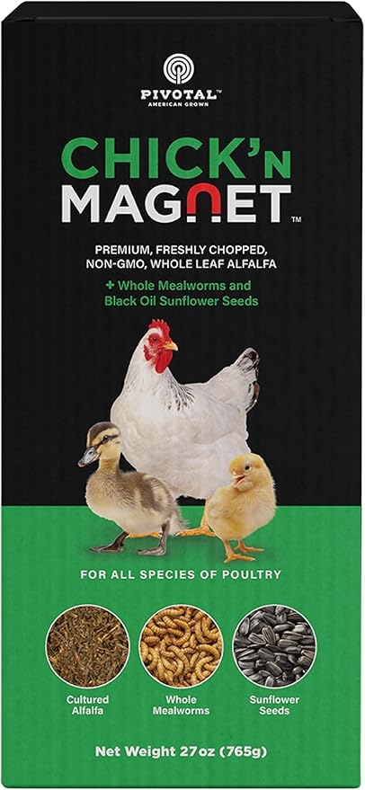 Pivotal Chick'n Magnet Poultry Supplement, Alfalfa, Mealworms, Sunflower Seeds, Chicken Mineral Supplement, Protein Calcium Vitamins & Minerals, 27 oz
