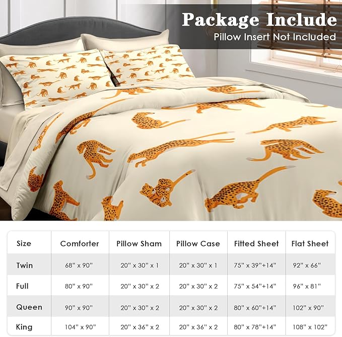 Comforter Set Queen Size, Leopard 7 Pcs Bedding for Kids and Adults, Cheetah Bedding Sets with Fitted Sheet 2 Pillowcases & 2 Shams for Bedroom Bed Decor