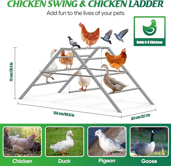 Chicken Coop Perches with Swing, Roosting Bars for Chickens in Coop, Chicken Run Accessories Toy, Ladder for Pet's Healthy & Happy, Sturdy & Easy to Clean, Suitable for Backyard Farm 60.6*32.7*28.4 in