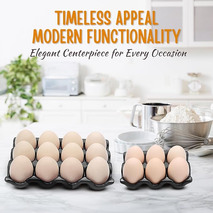 Flexzion 12 + 6 Cups Ceramic Egg Holder for Fridge - 18 Porcelain Egg Tray Container Keeper Storage Organizer Decorative Serving Stand Serveware for Refrigerator Countertop Display Kitchen (Black)