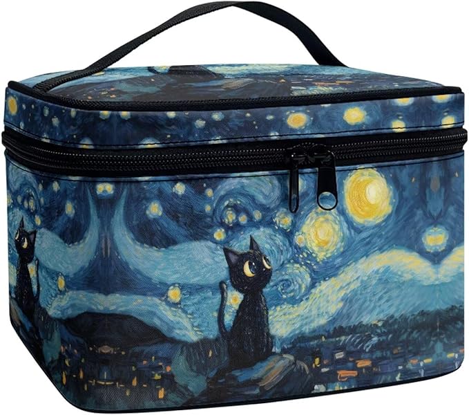 Black Cat Starry Night Print Travel Makeup Bags for Women Portable Tote Cosmetic Case with Carry Handle Toiletry Accessories Storage Organizer Bags