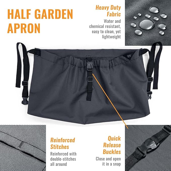 Under NY Sky Garden Half Apron - Big Harvest Pouch, Buckle Closure, Water-Resistant - Landscaping, Orchard, Gardening, Collecting, Planting - Half Apron Grey