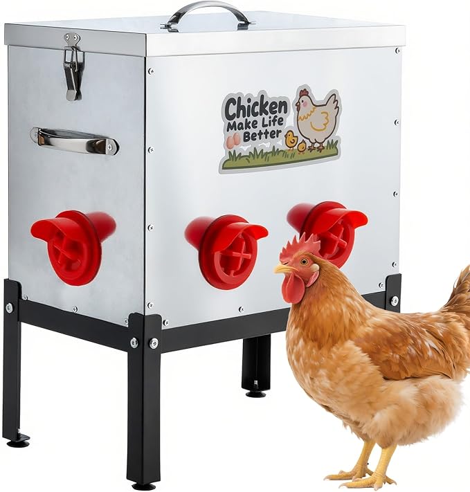 40 LB Automatic Chicken Feeder with 6 Feeding Ports, No-Waste Poultry Feeder with Locking Lid and Adjustable Legs for Inside Chicken Coops Metal Automatic Poultry Feeders (Sliver, 40LB with 6 Ports)