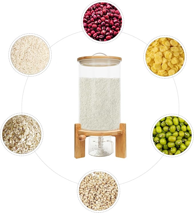 7.5L Glass Rice Dispenser with Bamboo Stand, 8-14 Lbs Cereal Container with Glass Measuring Cup,Large Airtight Food Organization Storage Bin for Grain, Coffee Bean, Dry Food