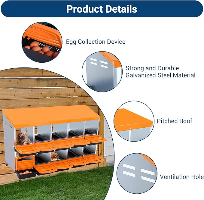 Nesting Boxes for Chickens, 10 Compartments Chicken Nesting Box, Chicken Laying Boxes with Lid Cover, Roll Away Nesting Box for Chickens Laying Egg, Orange