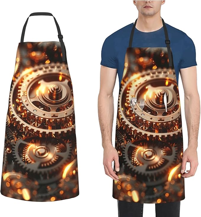 Kitchen Aprons for Men Women Waterproof Apron with 2 Pockets Cool Steampunk Gears Apron Adjustable Bib Aprons