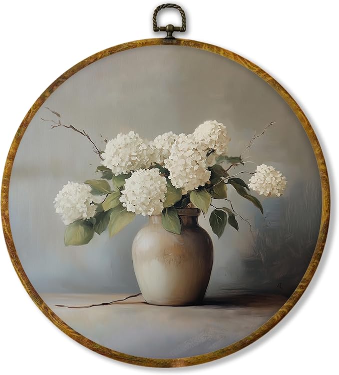 Hiuwevt Muted White Hydrangea Round Wall Art Decor, Vintage Floral Still Life Hanging Canvas Prints Artwork Framed, Rustic Ceramic Vase Flower Circular Wall Decor for Home Bedroom, 10x10 Inch