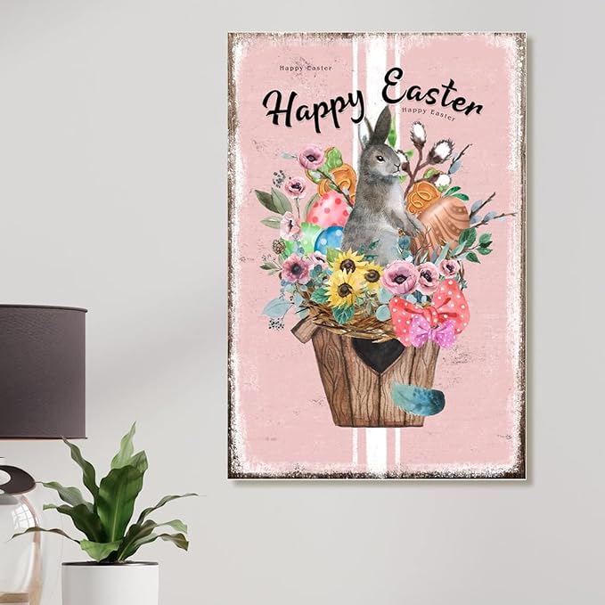 Wood Wall Decor Sign Happy Easter Flower Basket Bunny Sign French Style Floral Pink Stripes Wood Wall Art Signs Farmhouse Spring Decor Easter Wall Art Sign for Bedroom 12x18in