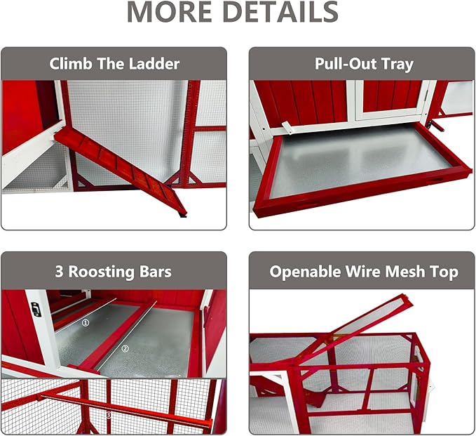 Chicken Coop Mobile Wooden Hen House with Nesting Box,191" L Outdoor Chicken House with Wheels and Removable Tray,Fir Wood Chicken Tractor with 6 Ventilation Door,Ramp,Red(2 Sets)