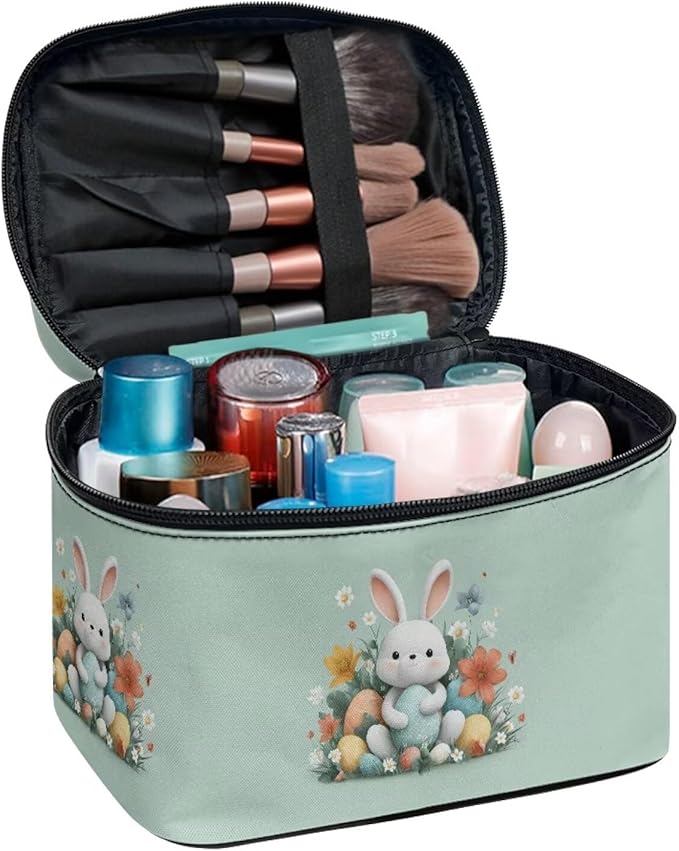 Rabbit Floral Easter Egg Print Travel Makeup Bags for Women Portable Tote Cosmetic Case with Carry Handle Toiletry Accessories Storage Organizer Bags Green