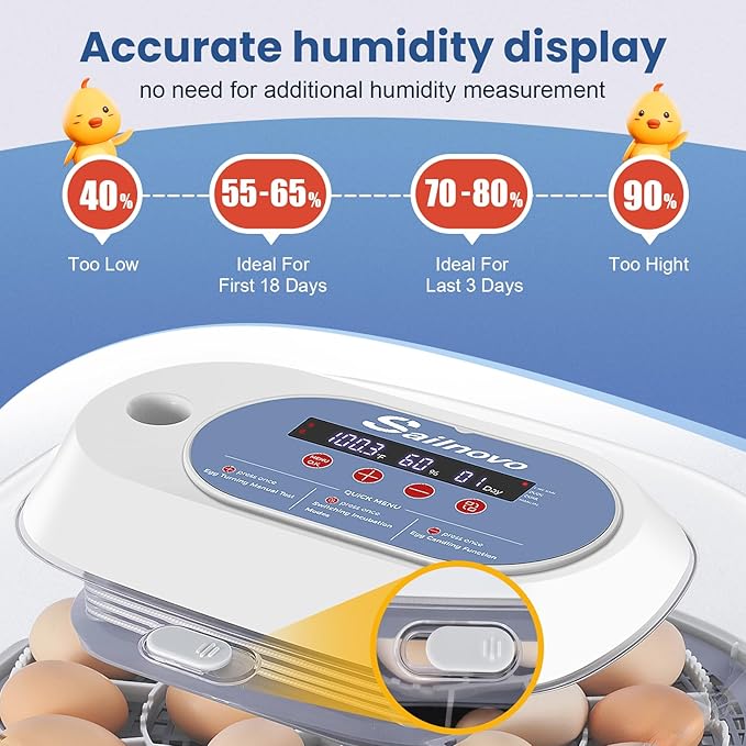 Sailnovo 24 Egg Incubators for Hatching Eggs, 4 Modes Egg Incubator with Automatic Egg Turning and Humidity Display, Egg Candler - 360° View with Clear Window Incubators for Hatching Chicks, Blue