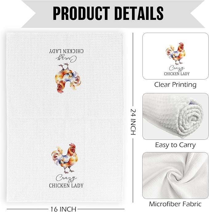 Crazy Chicken Lady Kitchen Dish Towels 16x24 Inch, Funny Chicken Gifts for Chicken Lover Chicken Mom, Sarcastic Chicken Mama Decorative Hand Towels Tea Towels for Farmhouse Home