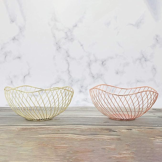 IBWell High Style Curved-Edge Modern Creative Stylish Single Tier Dish,Metal Iron Wire Fruit Vegetables Bread Decorative Stand Serving Bowls Basket Holder (Rose Gold-Twill)