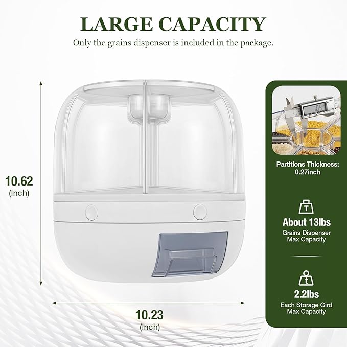 Rotating Grain Dry Food Dispenser Countertop - 6 Grids Cereal Tank Dispenser for Lentils, Rice, Beans - Kitchen Pantry Storage Container- Max 10kg/22 lbs Capacity - White