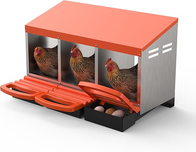 Chicken Nesting Box 3 Hole, Galvanized Steel Nest with Roll Away Egg Collection & Swing Perch, Easy-Clean Laying Box for Hens, Heavy Duty Design for Chicken Coop