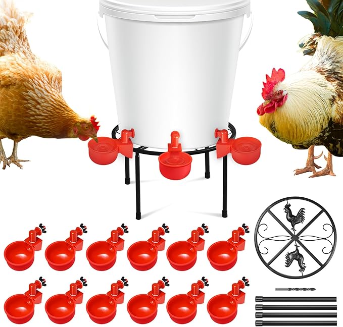 Chicken Water Feeder, 12 Pack Chicken Water Cup Waterer for Poultry, 1 Pack Metal Stand, Heavy Duty Round Iron Supports Rack for Barrel Racks, Poultry Watering Cups, for Coop Poultry Indoor Outdoor