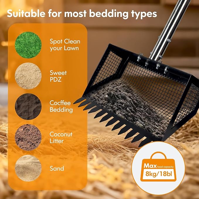 Chicken Coop Scoop (22 to 75") Chicken Coop Rake and Scoop with Grip 5 Section Extra Long Handle Chicken Pooper Scooper for Sand Metal Chicken Cleaning Tools Livestock Rake(10Inch Black)