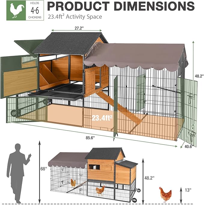 GUTINNEEN Large Chicken Coop with Metal Frame, Mobile Hen House with Wheels, Portable Poultry Cage with Run, Nesting Box, Waterproof Cover for 4-6 Chickens, Ducks