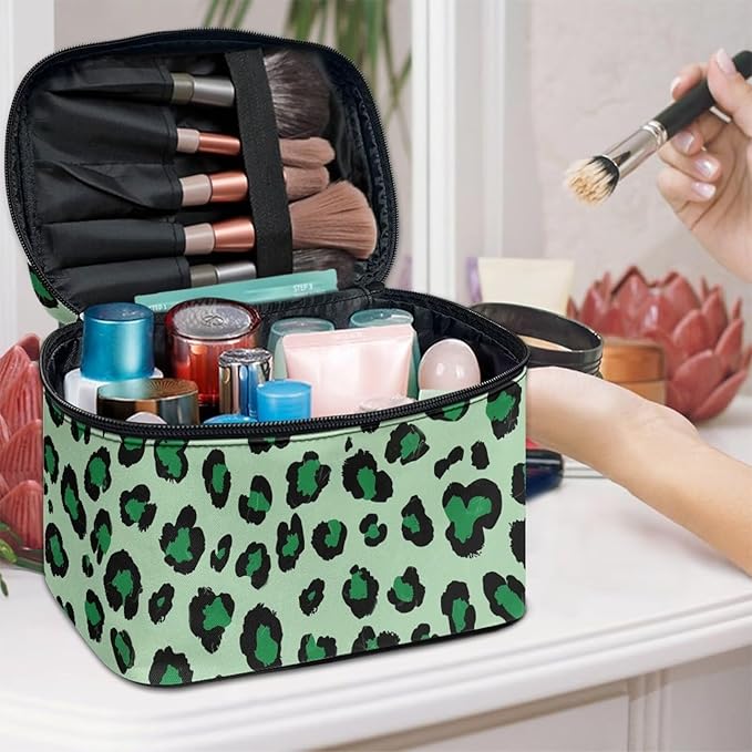 Travel Makeup Bags for Women Portable Tote Cosmetic Case with Carry Handle Toiletry Accessories Storage Organizer Bags, Leopard Green