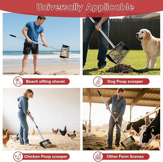 Chicken Poop Scooper & Rake 4-in-1, Metal Chicken Coop Scoop- Adjustable 23" to 66" Stainless Steel Handle, Sifting Litter Shovel for Chicken Coop, Goat Stall, Animal Farm, Stable Cleaning