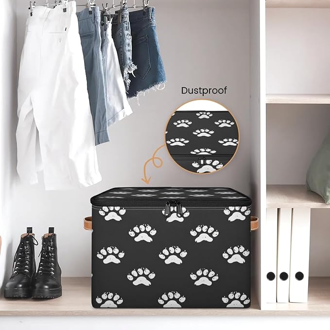 Storage Cubes with Lid Fabric Storage Bins Boxes PU Leather Handles, Paw Print Closet Organizer Container Foldable Washable Shelf Cloth Basket, Cute Dog Cat Paw