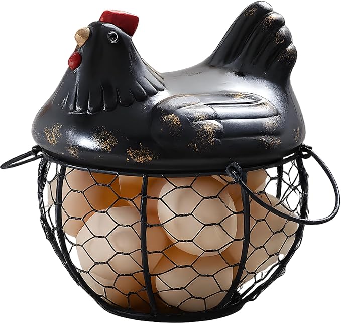 Small Black Iron Egg Basket, Farmhouse Style Countertop Holder with Ceramic Lid, Chicken Egg Storage for Kitchen, Rustic Home Decor, Keeps Up To 15 Eggs Fresh