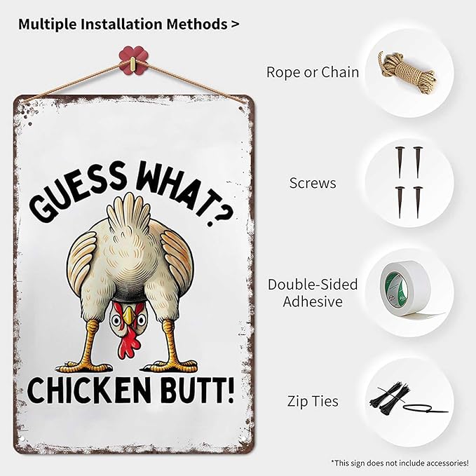 Funny Chicken Coop Metal Sign-"Guess What? Chicken Butt”Posters Wall Art- for Farmhouse Kitchen Home Decor 8x12inch