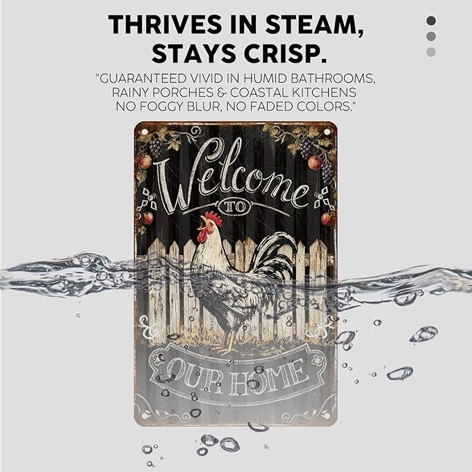 Vintage Rooster Tin Sign Welcome To Our Home Retro Chicken Metal Poster Rustic Nostalgic Metal Sign Wall Decor For Home Farmhouse Farm Room Yard Cafe Kitchen Bar 12 * 8In