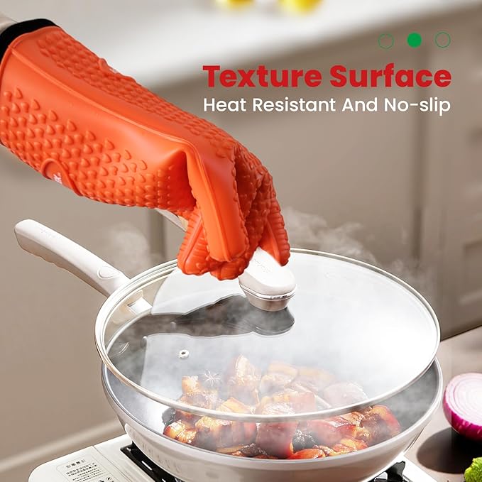 Silicone BBQ Cooking Gloves with Meat Smoker Guide，Heat Resistant Oven Mitts with Fingers，Long Protective Cotton Lined Barbecue Grilling Gloves 1 Pair for Kitchen, Cooking, and Baking Gifts (Orange)