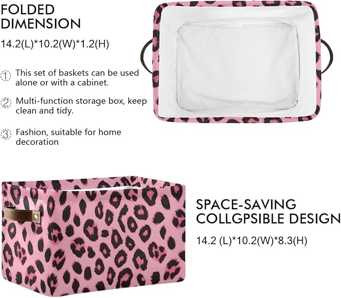 JIPONI Pink Leopard Print Fabric Storage Bins for Shelves, Decorative Storage baskets for organizing, Closet Organizer with Handle for Cloth, Toys, Bedrooms, Farmhouse
