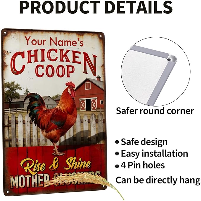 Custom Chicken Coop Sign Personalized Name Rise and Shine Funny Metal Tin Plaque Vintage Farm Decor Rooster Barn Wall Accessory