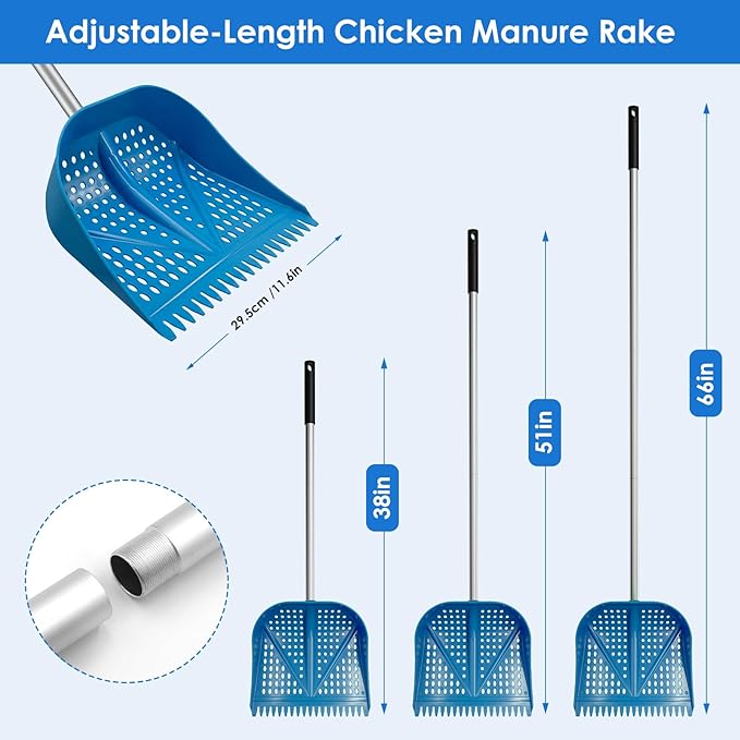 Chicken Poop Scooper & Rake 2-in-1, Adjustable Handle Length from 38" to 66", Features Manure Sifting Capability – Ideal for Chicken Coops and Farm Animal Cleaning (Blue)