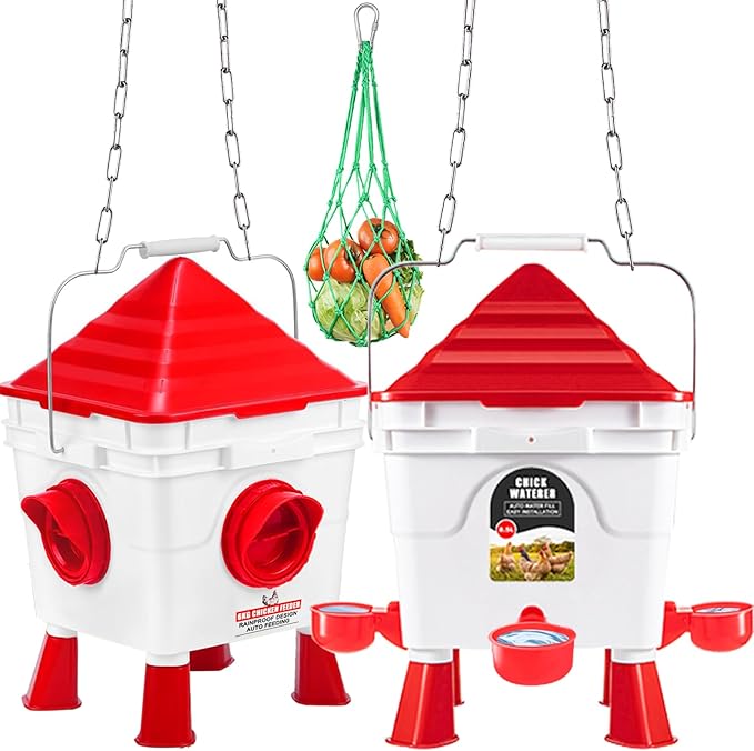 Chicken Feeder and Waterer Set, 13 lb No Waste Automatic Chicken Feeder Bucket & 2 Gallon Gravity Chicken Waterer, Poultry Feeder Kit with Vegetable Hanging Net, Chicken Coop Accessories for Hens