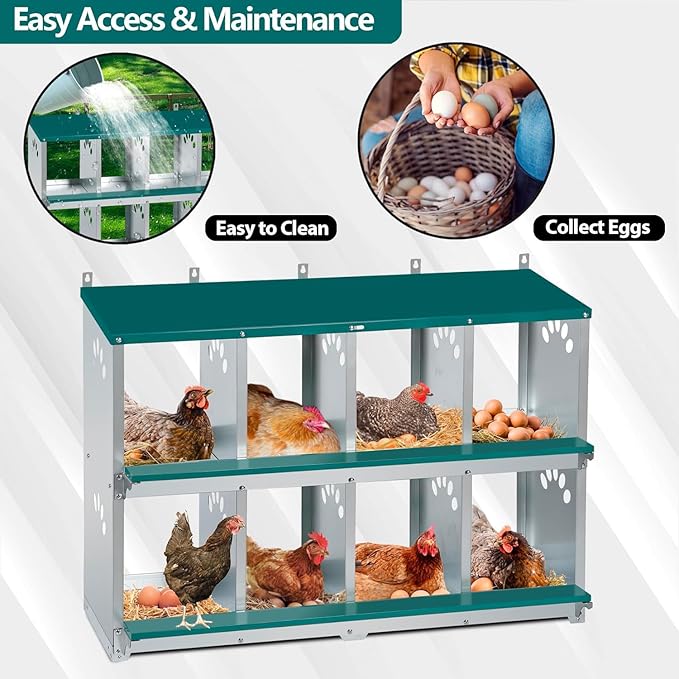 Chicken Nesting Box, 8 Compartment Metal Nesting Box, Wall Mountable Nesting Boxes for Chicken, 42.5" L x 13.0" W x 25.0" H, Green