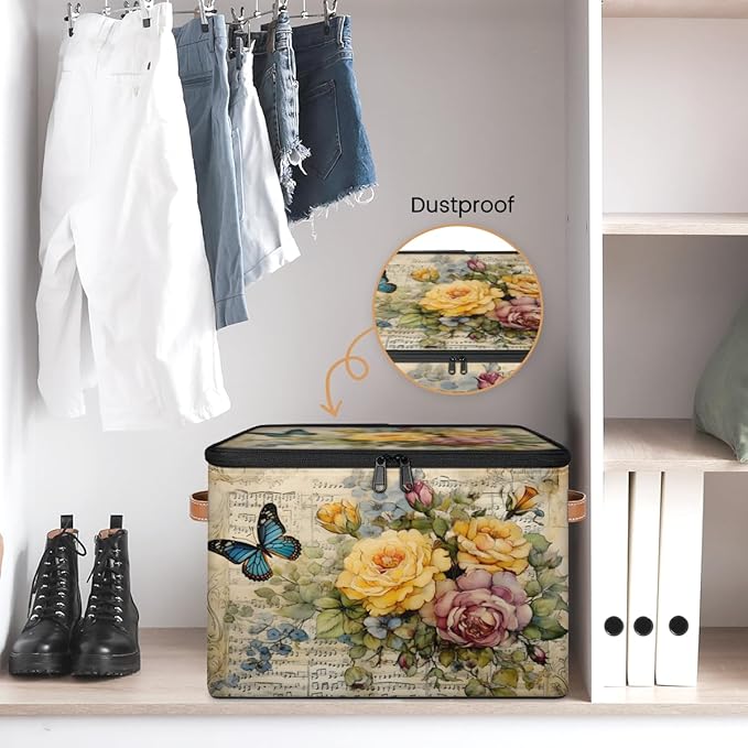Retro Flowers Storage Bins with Lids, Watercolor Butterfly Fabric Storage Boxes with Zipper, Collapsible Decorative Closet Organizer Cube for Clothes, Organizing, Shelves
