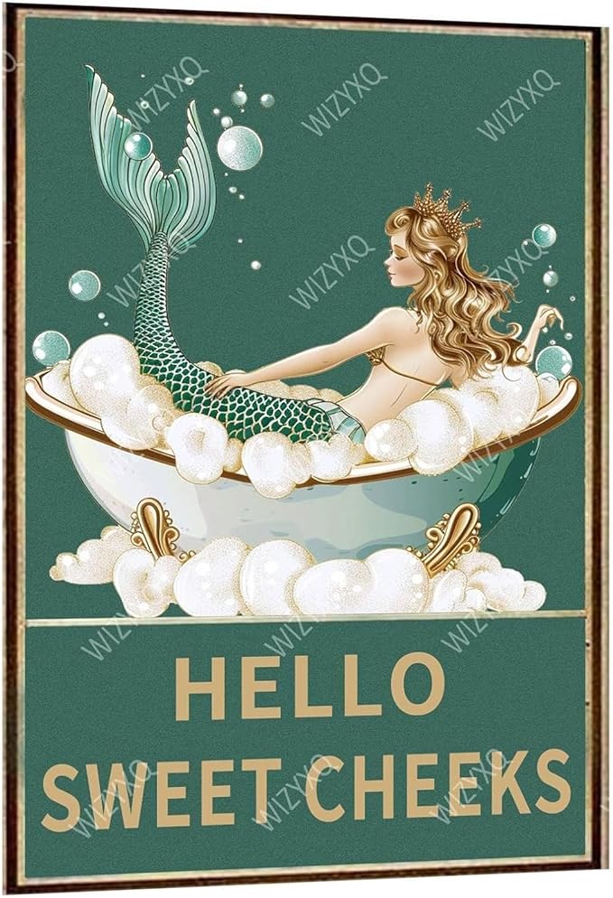 Metal Signs Hello Sweet Cheeks Mermaid Sign Vintage Aluminum Tin Sign for Home Office Kitchen Bar Cafe Garden Bathroom Wall Decor 12x8 Inch