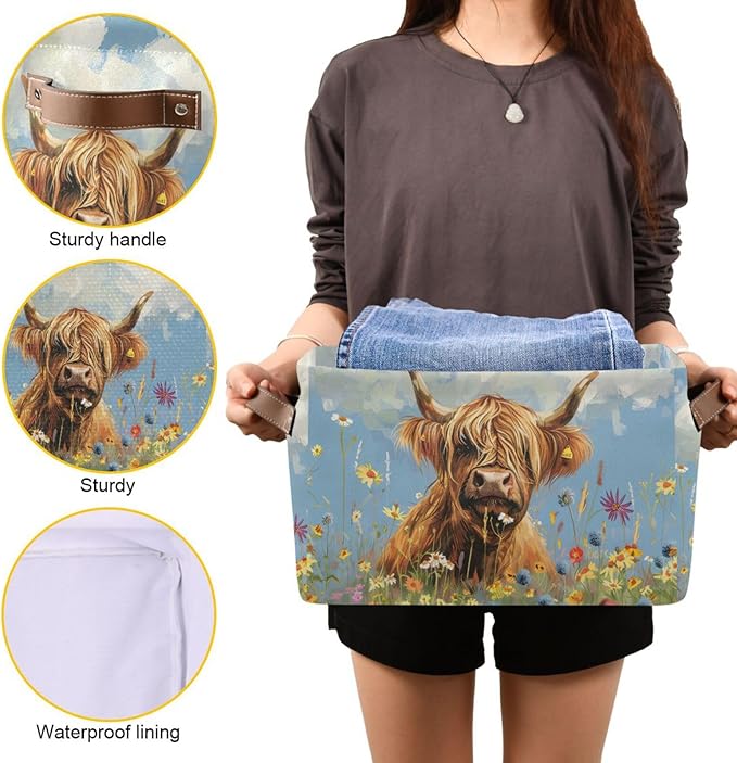JIPONI Wild Highland Cow Fabric Storage Bins for Shelves, Decorative Storage baskets for organizing, Closet Organizer with Handle for Cloth, Toys, Bedrooms, Farmhouse