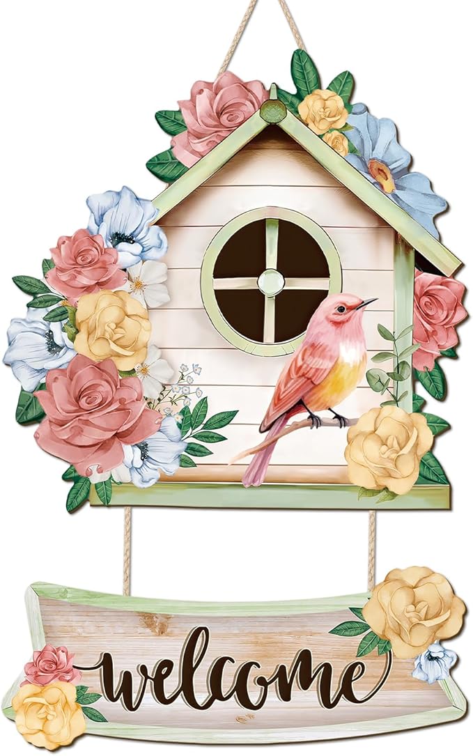 CHDITB Welcome Spring Wooden Sign, Floral Birdcages Wooden Hanging Plaque, Pink Birds Flowers Front Door Hanger, Spring Sign Rose Welcome Wall Art for Farmhouse Outdoor Spring Wall Art Decor