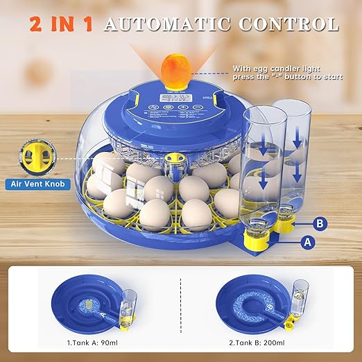 Incubators for Hatching Eggs, 18-Egg Incubator with Automatic Egg Turning and Humidity Control, Egg Candler, External Water Filling, Incubator for Chicken Eggs