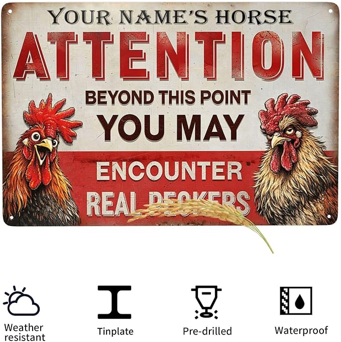 Custom Your Name Chicken Attention Sign Funny Farm Rooster Metal Tin Plaque Vintage Rustic Wall Decor for Backyard Barn