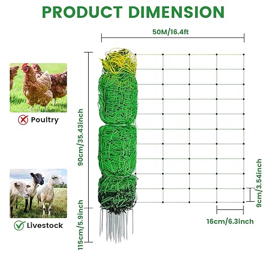 Electric Fence Netting, Portable Livestock Fencing for Sheep, Cattle, Net Fencing Kit with 14 Posts Double Spiked, Movable Poultry Netting for Backyards, Homesteaders, Farms Ranches (164 * 35.43)