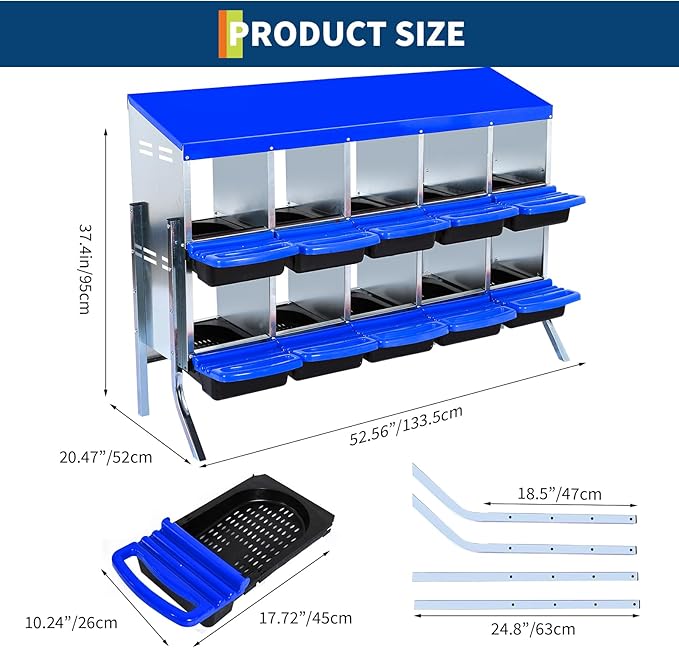 10-Hole Chicken Nesting Box, Roll Away Nest with Removable Tray, Rustproof Galvanized Steel, Easy Egg Collection & Cleaning, Wall-Mount Design - Blue
